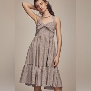 MAEVE ANTHRO Halter Bow Front Midi Brown Gingham Dress Size XXSP EUC